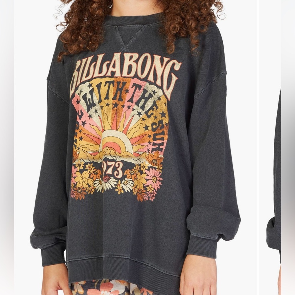 NWT Washed Black Billabong Crew Neck Sweatshirt Pullover, Girls Size L